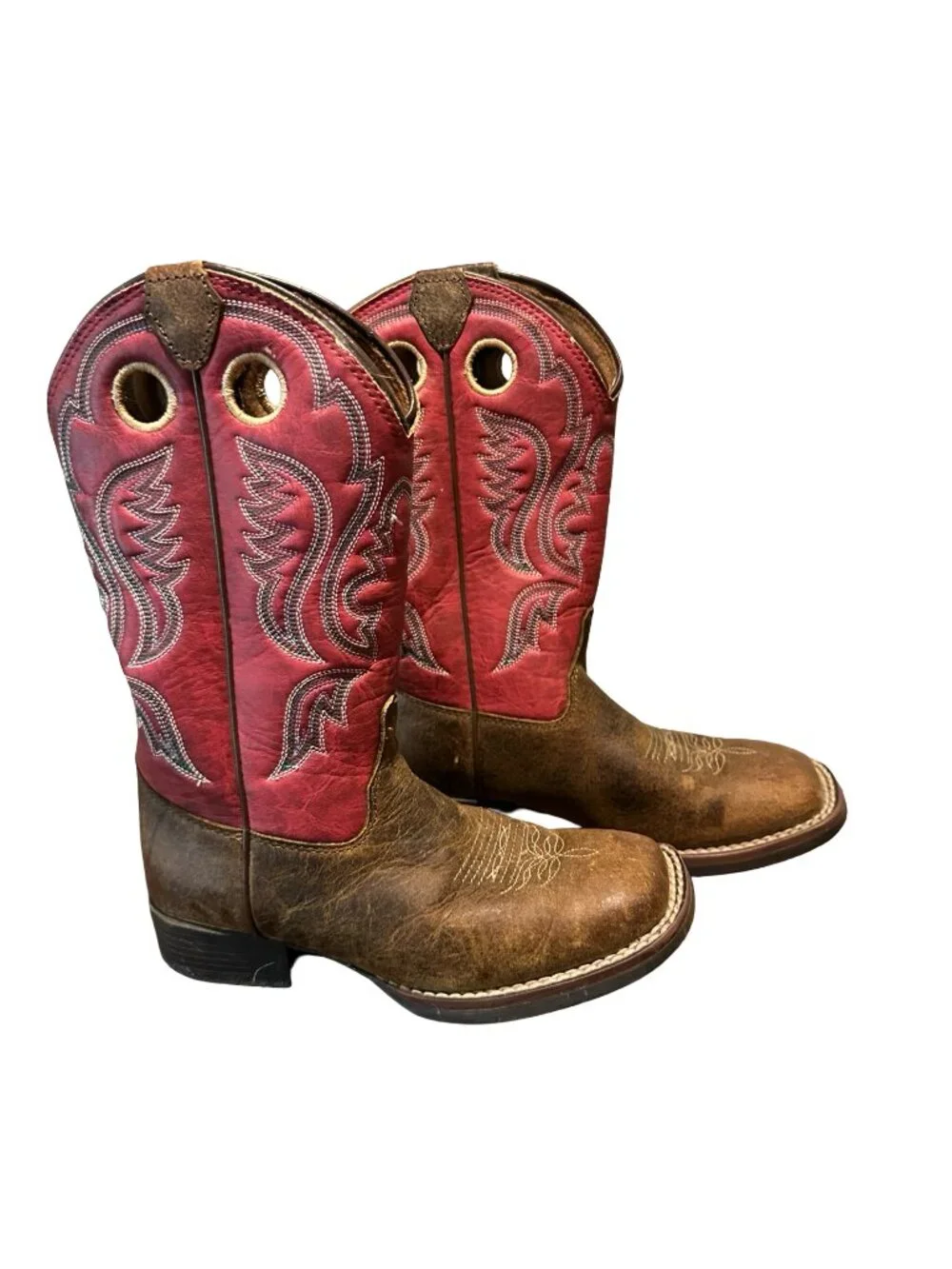 Justin Kids Cowboy Boots Brown Red Leather Square Toe Western Youth Size 11.5